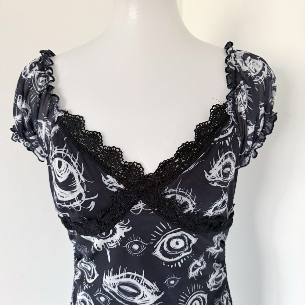 Grunge Punk Eye Eyeball Goth Drawstring Cinched Black Dress L Large Ruched - Picture 6 of 16